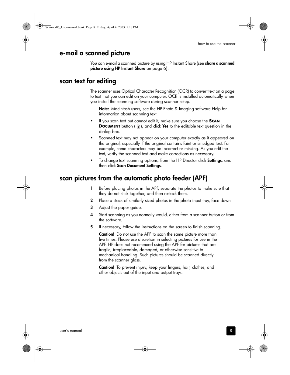 E-mail a scanned picture, Scan text for editing | HP 5530 User Manual | Page 13 / 38