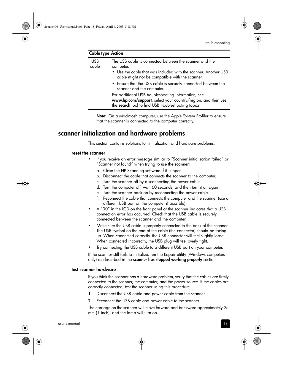 Scanner initialization and hardware problems | HP 5530 User Manual | Page 23 / 38