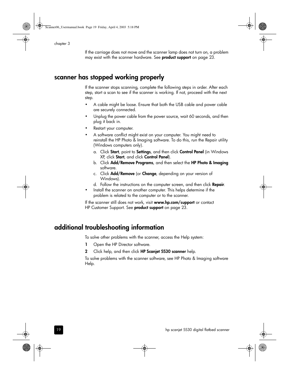 Scanner has stopped working properly, Additional troubleshooting information | HP 5530 User Manual | Page 24 / 38