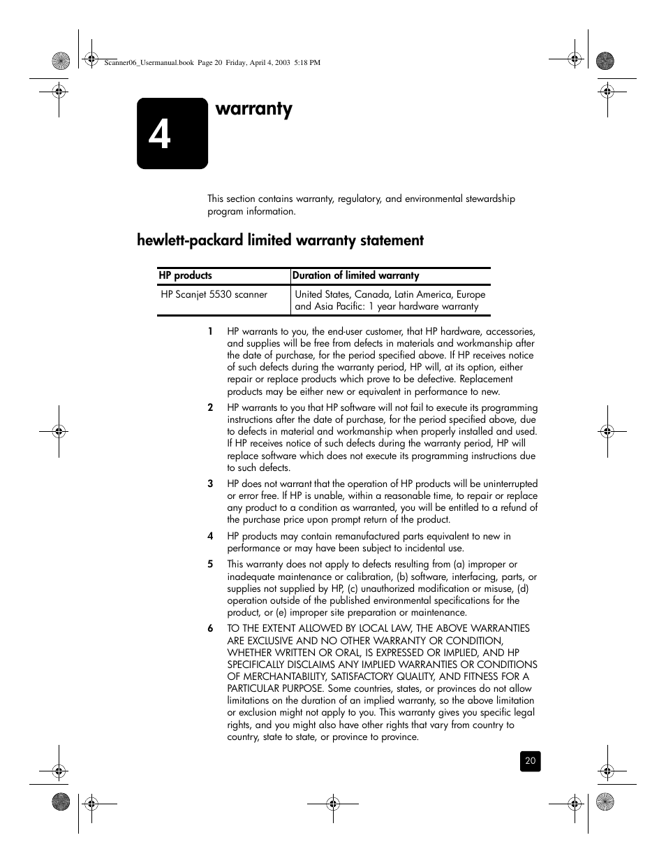 Warranty, Hewlett-packard limited warranty statement | HP 5530 User Manual | Page 25 / 38