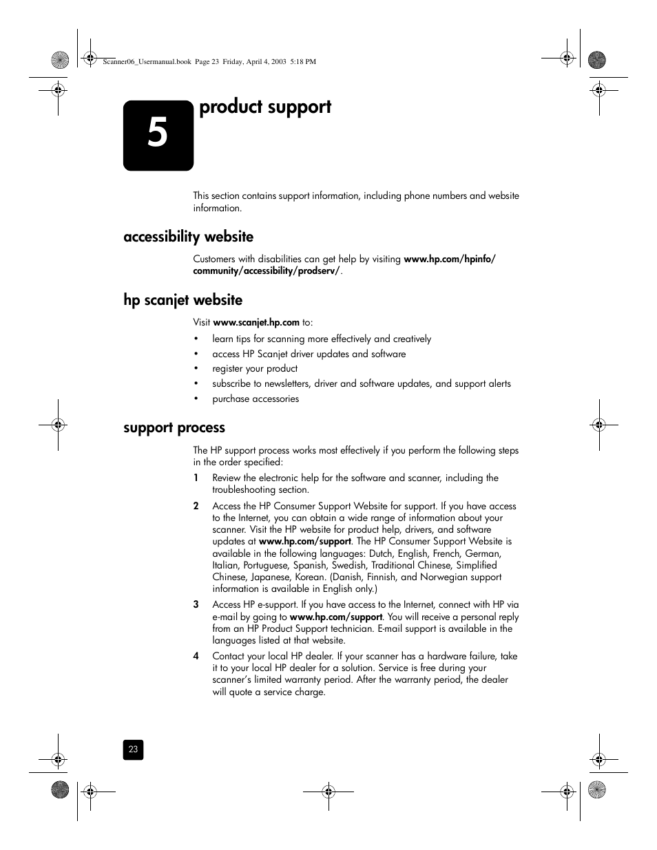 Product support, Accessibility website, Hp scanjet website | Support process | HP 5530 User Manual | Page 28 / 38