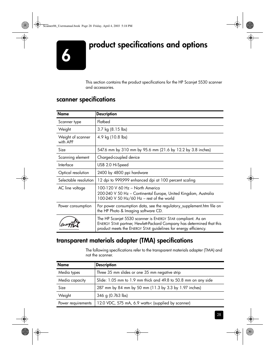 Product specifications and options | HP 5530 User Manual | Page 33 / 38