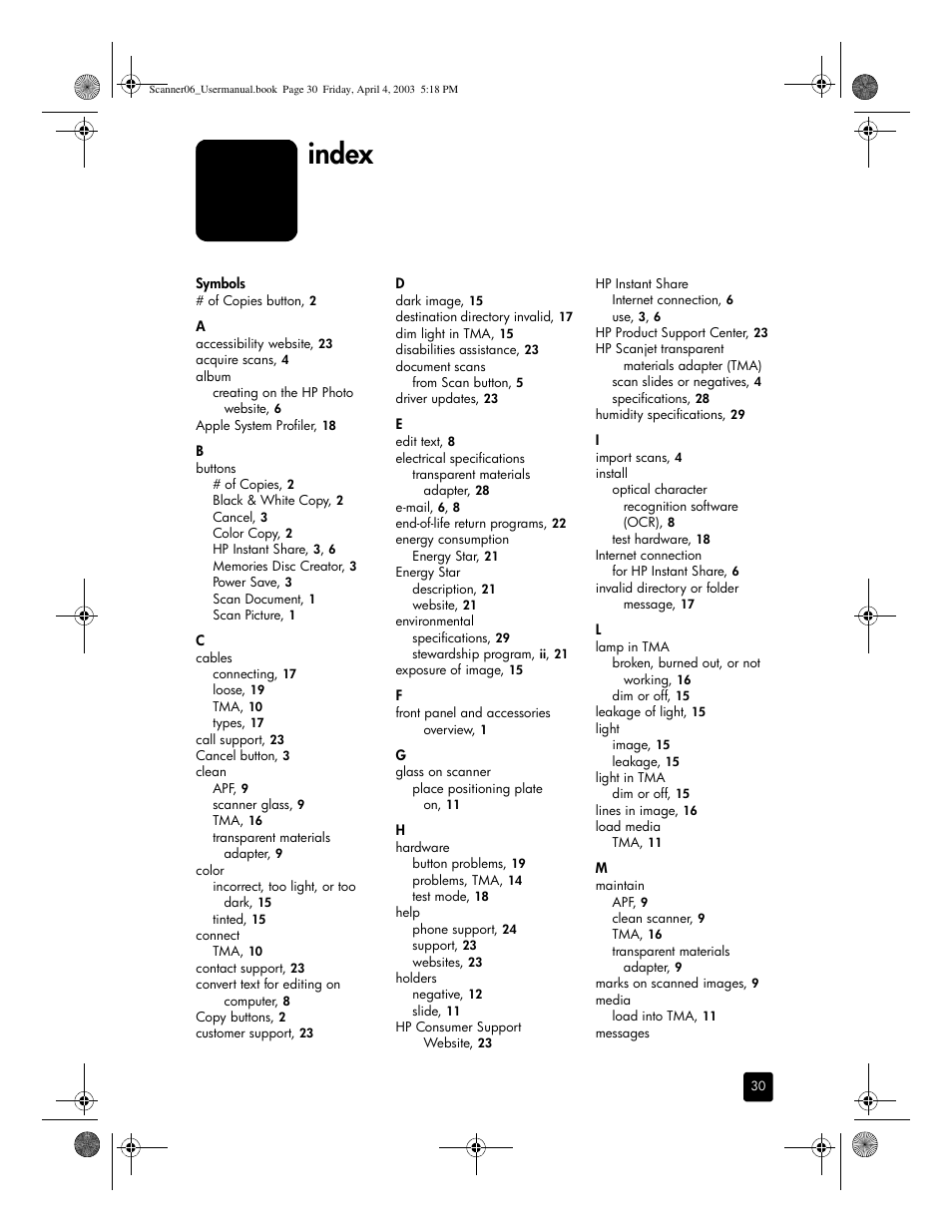 Index | HP 5530 User Manual | Page 35 / 38