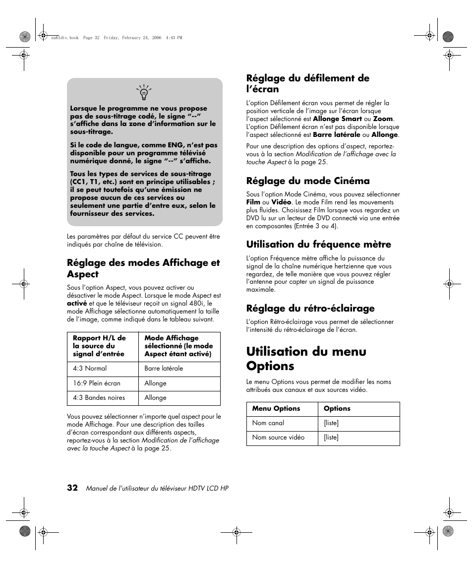 Utilisation du menu options, Réglage des modes affichage et aspect, Réglage du défilement de l’écran | Réglage du mode cinéma, Utilisation du fréquence mètre, Réglage du rétro-éclairage | HP LC3260N User Manual | Page 100 / 174