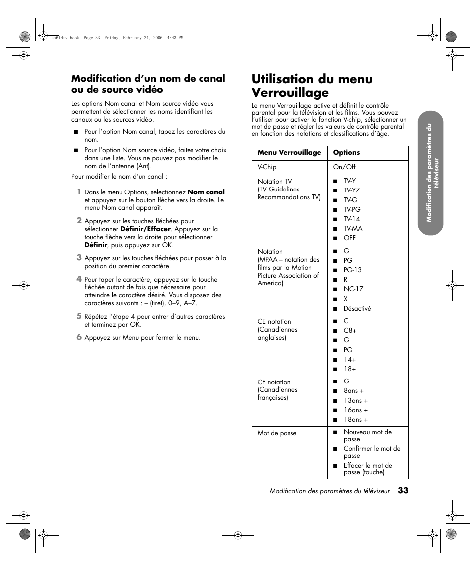 Utilisation du menu verrouillage, Modification d’un nom de canal ou de source vidéo | HP LC3260N User Manual | Page 101 / 174