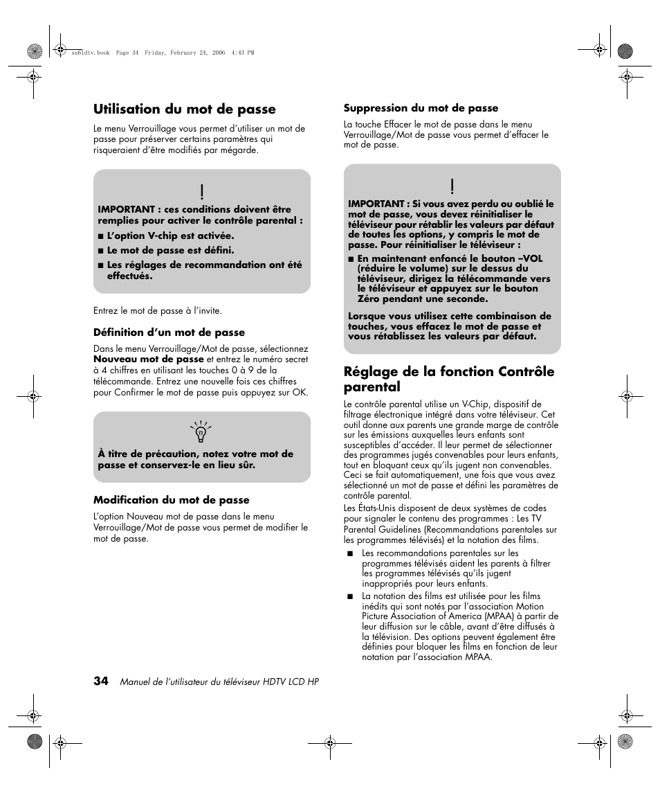 Utilisation du mot de passe, Réglage de la fonction contrôle parental | HP LC3260N User Manual | Page 102 / 174