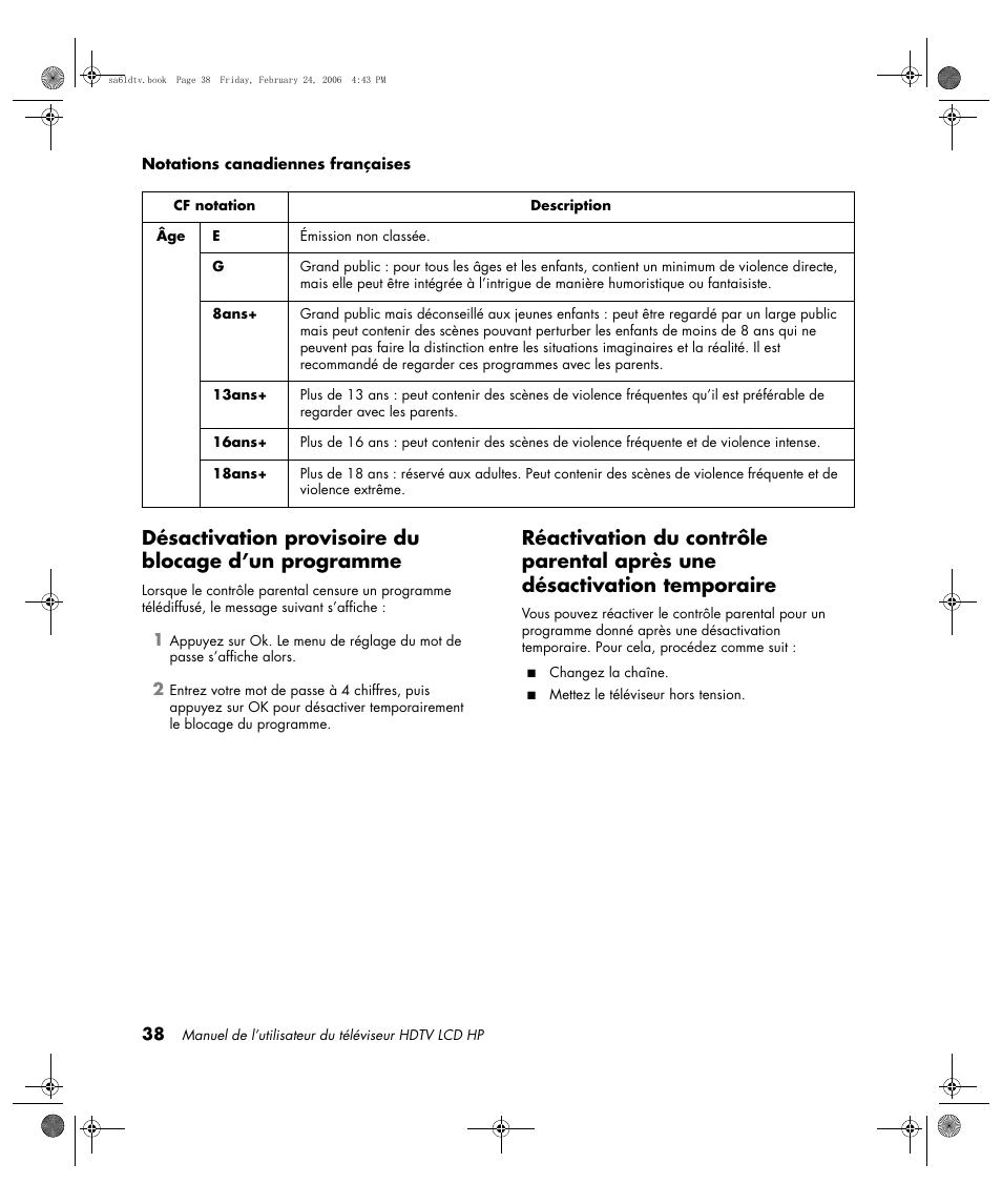 Désactivation provisoire du blocage d’un programme | HP LC3260N User Manual | Page 106 / 174