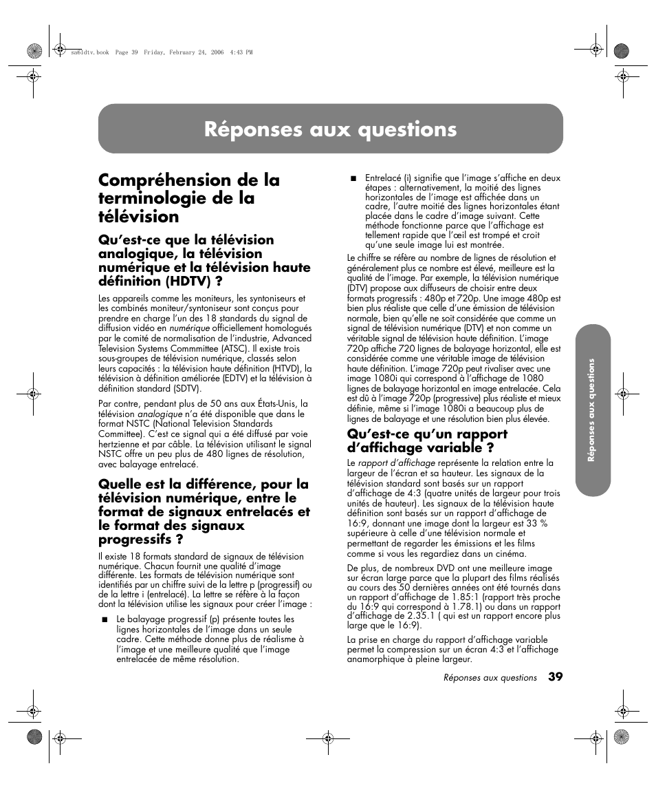 Réponses aux questions, Compréhension de la terminologie de la télévision, Qu’est-ce qu’un rapport d’affichage variable | HP LC3260N User Manual | Page 107 / 174