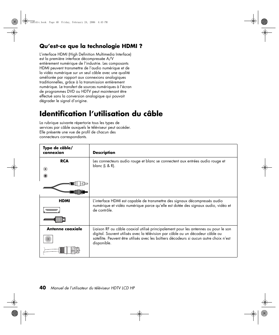 Identification l’utilisation du câble, Qu’est-ce que la technologie hdmi | HP LC3260N User Manual | Page 108 / 174
