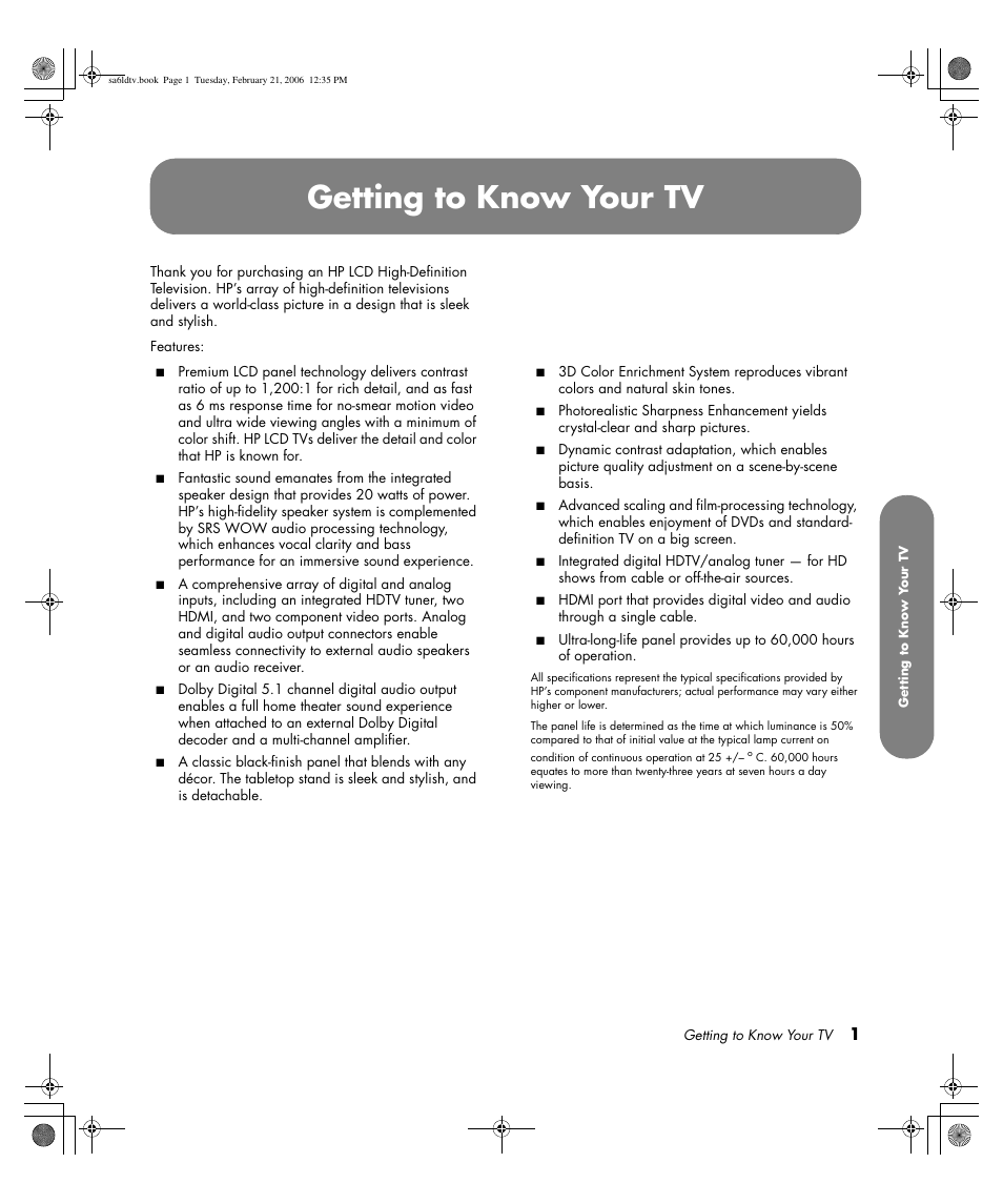 Getting to know your tv | HP LC3260N User Manual | Page 11 / 174