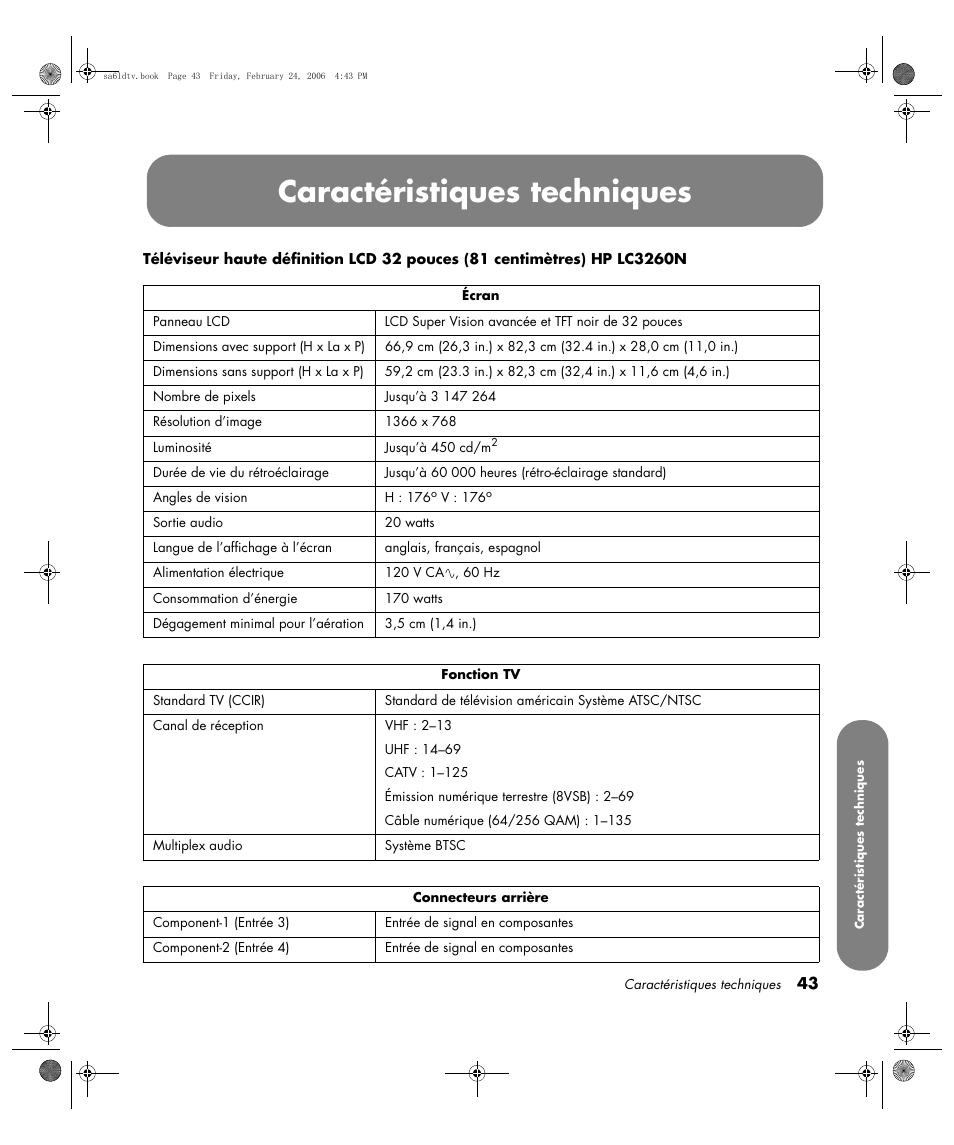 Caractéristiques techniques | HP LC3260N User Manual | Page 111 / 174