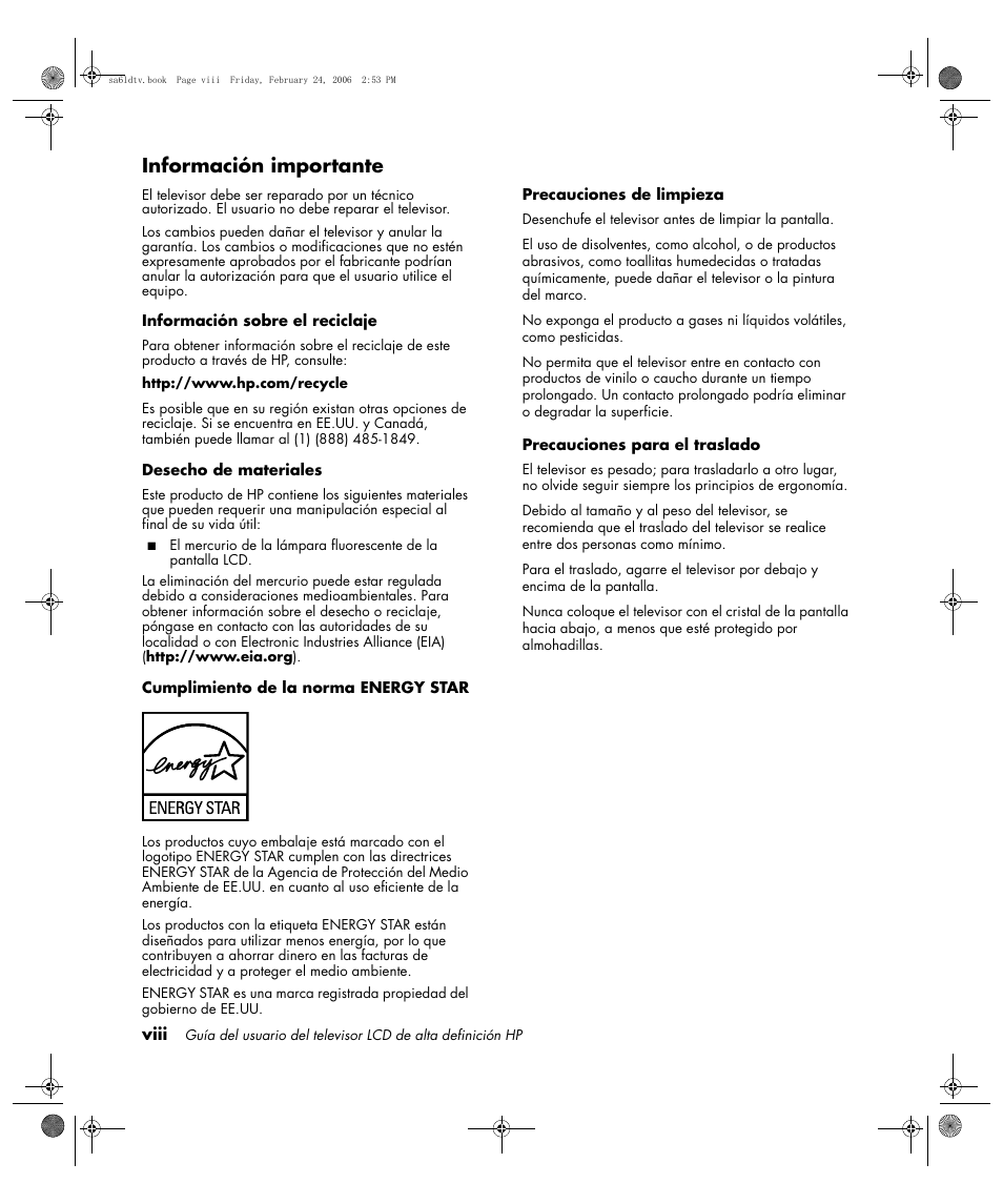 Información importante | HP LC3260N User Manual | Page 124 / 174