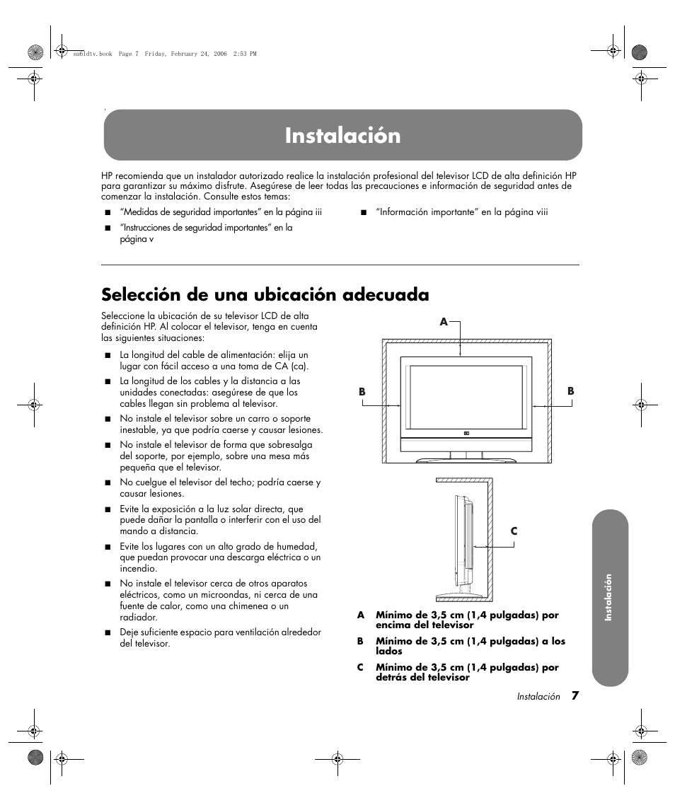 Instalación, Selección de una ubicación adecuada | HP LC3260N User Manual | Page 133 / 174