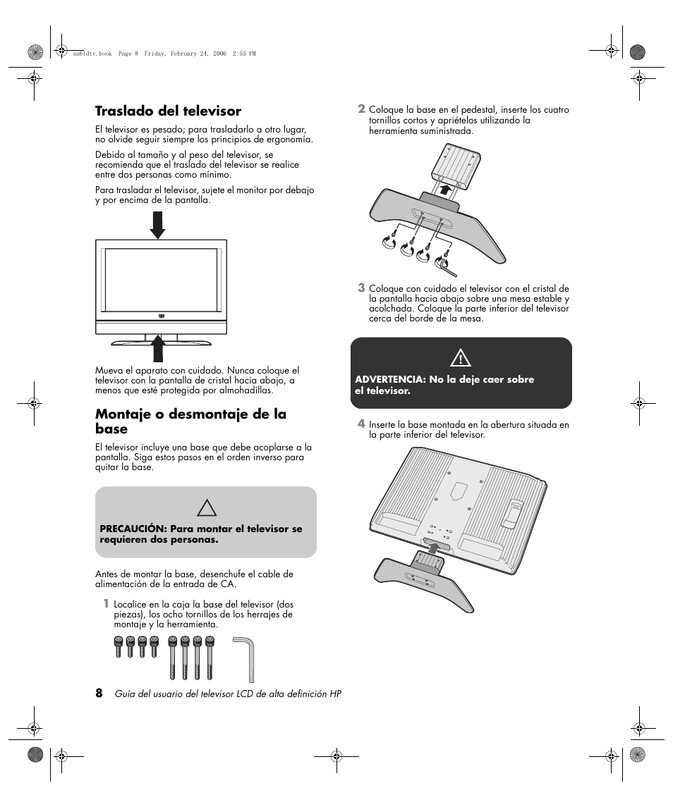 Traslado del televisor, Montaje o desmontaje de la base | HP LC3260N User Manual | Page 134 / 174