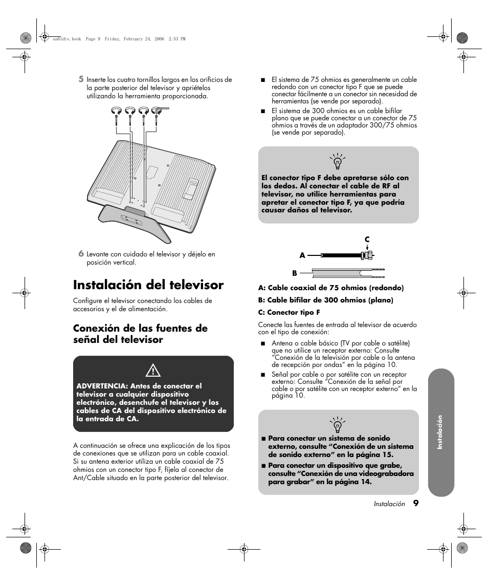 Instalación del televisor, Conexión de las fuentes de señal del televisor | HP LC3260N User Manual | Page 135 / 174