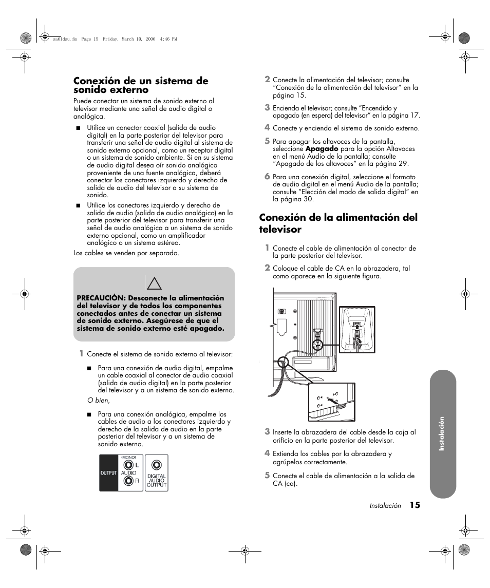 Conexión de un sistema de sonido externo, Conexión de la alimentación del televisor | HP LC3260N User Manual | Page 141 / 174