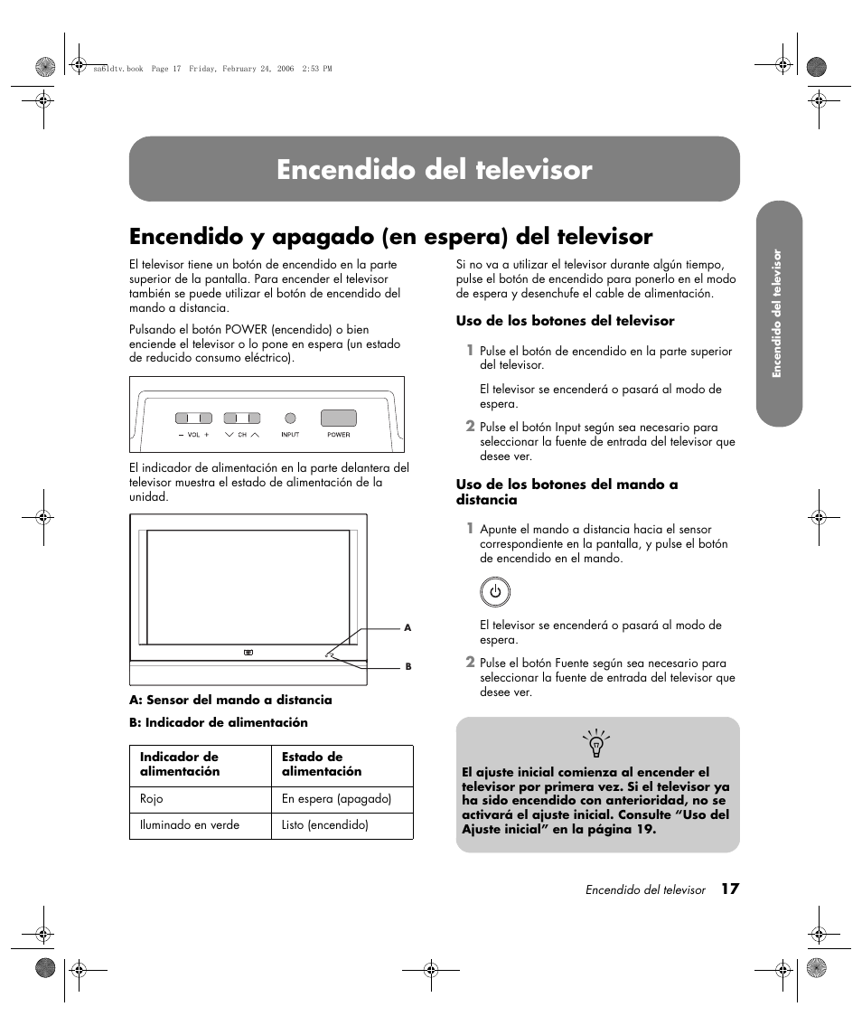 Encendido del televisor, Encendido y apagado (en espera) del televisor | HP LC3260N User Manual | Page 143 / 174
