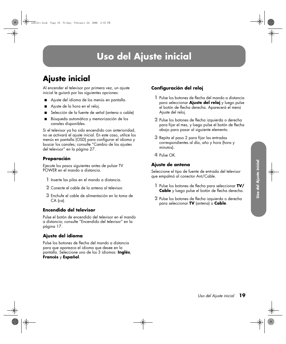 Uso del ajuste inicial, Ajuste inicial | HP LC3260N User Manual | Page 145 / 174