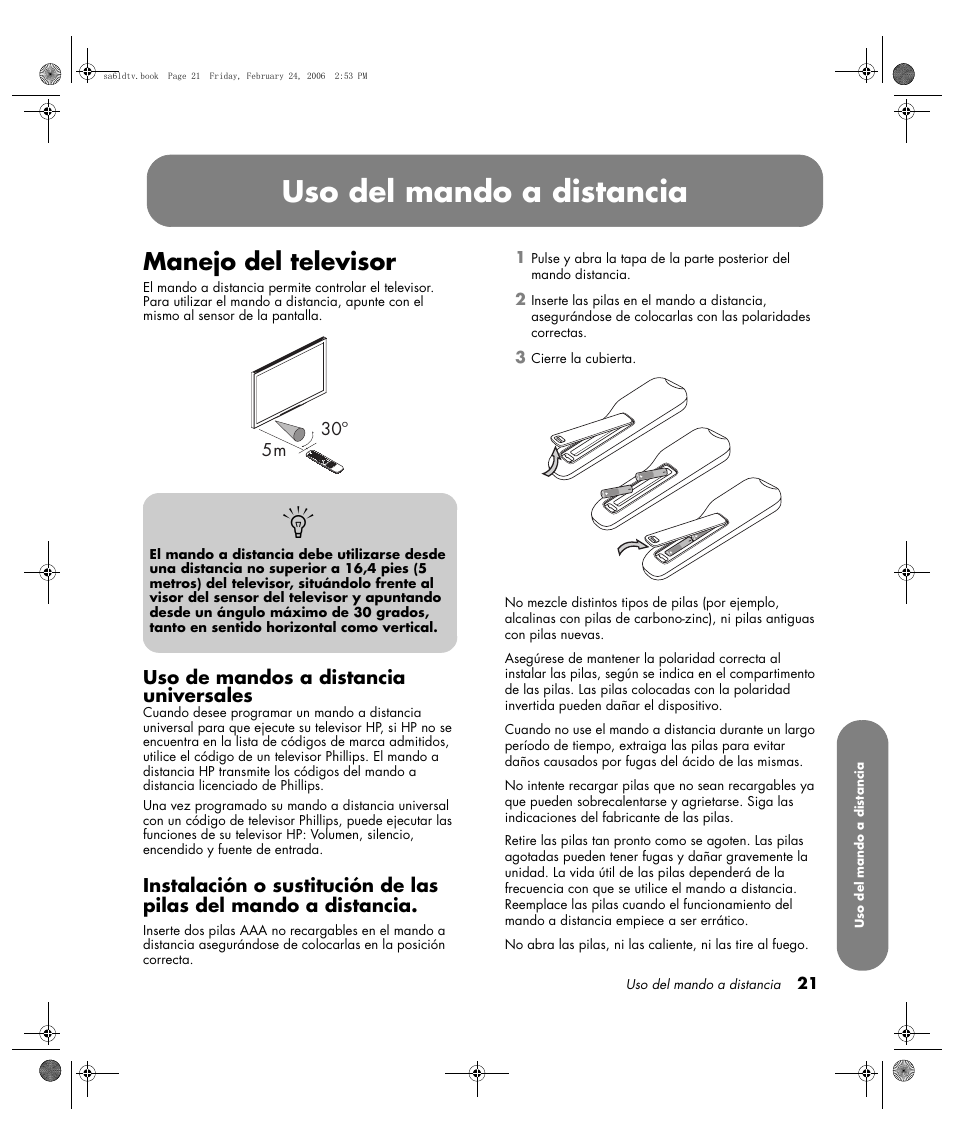Uso del mando a distancia, Manejo del televisor, Uso de mandos a distancia universales | HP LC3260N User Manual | Page 147 / 174