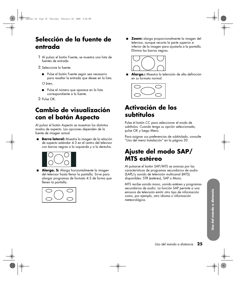 Selección de la fuente de entrada, Cambio de visualización con el botón aspecto, Activación de los subtítulos | Ajuste del modo sap/ mts estéreo | HP LC3260N User Manual | Page 151 / 174