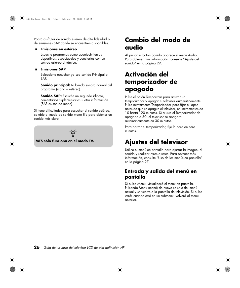 Cambio del modo de audio, Activación del temporizador de apagado, Ajustes del televisor | HP LC3260N User Manual | Page 152 / 174