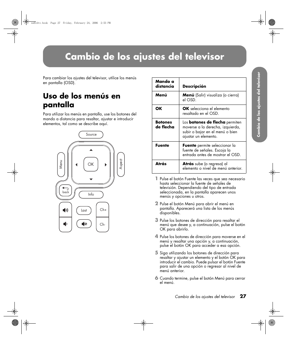 Cambio de los ajustes del televisor, Uso de los menús en pantalla | HP LC3260N User Manual | Page 153 / 174