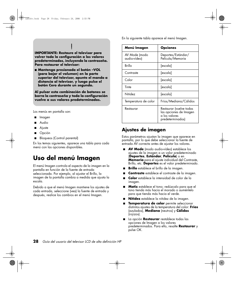 Uso del menú imagen, Ajustes de imagen | HP LC3260N User Manual | Page 154 / 174