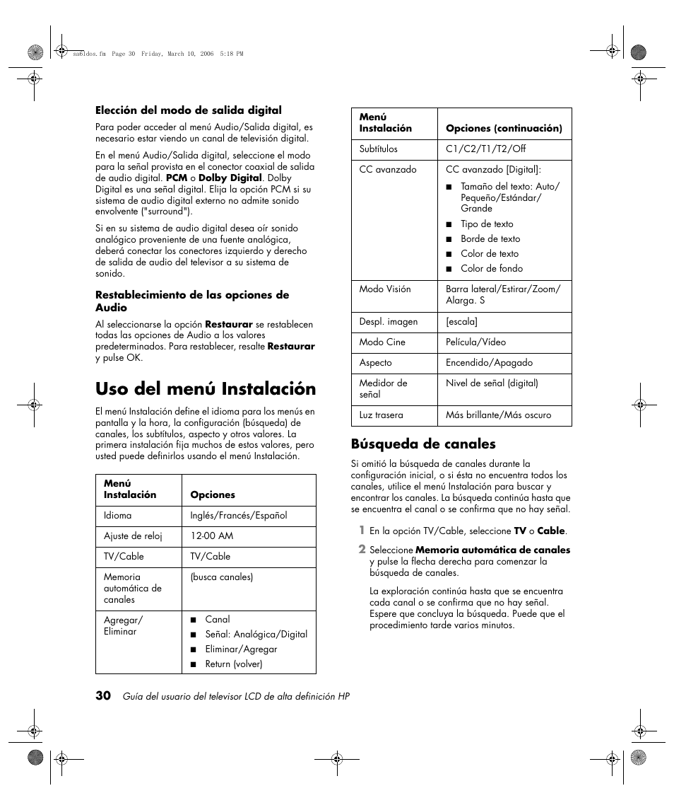 Uso del menú instalación, Búsqueda de canales | HP LC3260N User Manual | Page 156 / 174