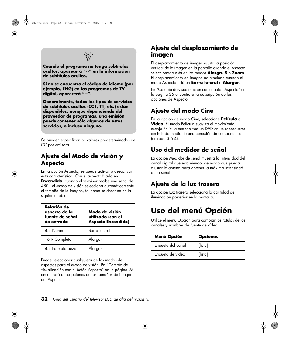 Uso del menú opción, Ajuste del modo de visión y aspecto, Ajuste del desplazamiento de imagen | Ajuste del modo cine, Uso del medidor de señal, Ajuste de la luz trasera | HP LC3260N User Manual | Page 158 / 174