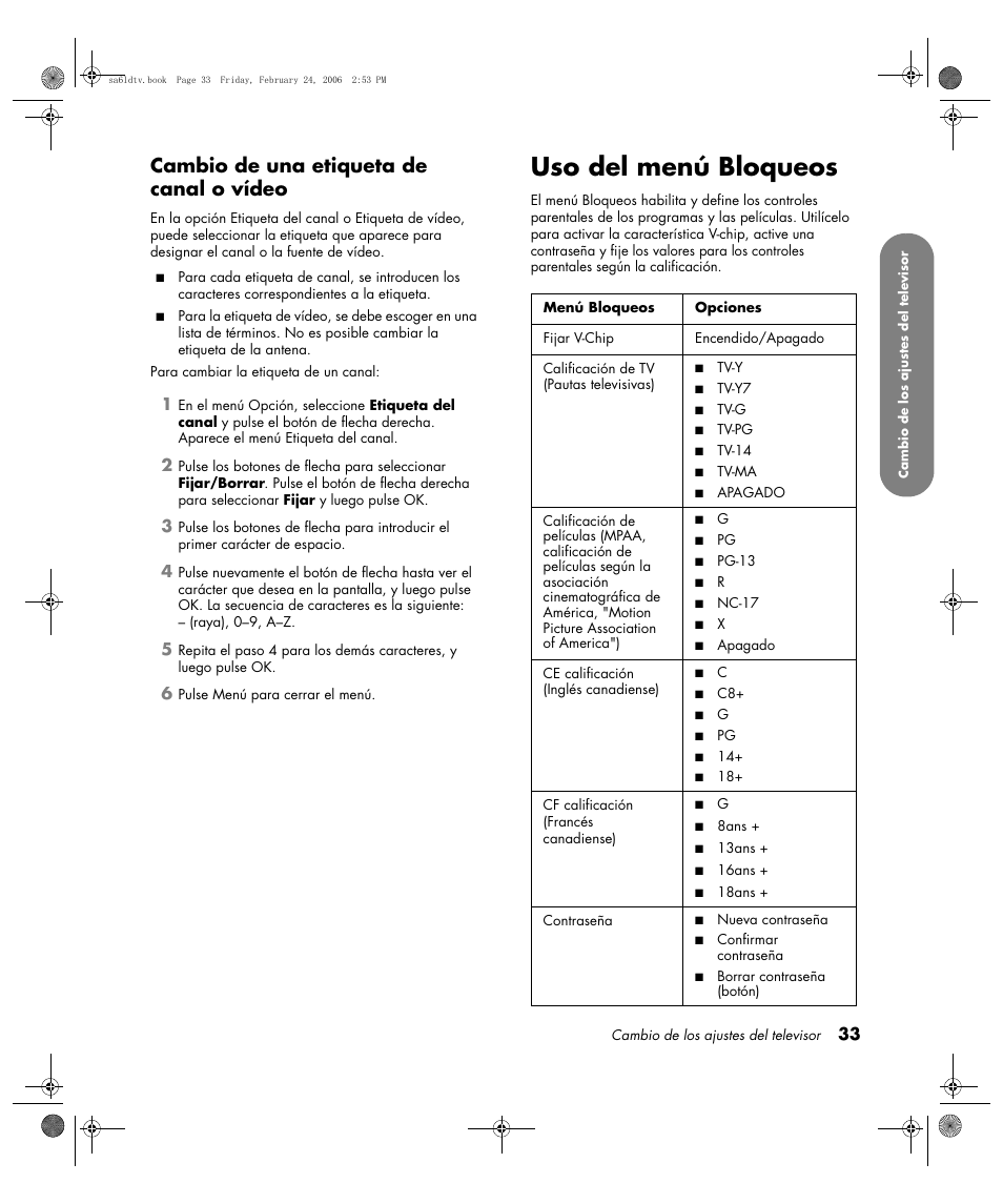 Uso del menú bloqueos, Cambio de una etiqueta de canal o vídeo | HP LC3260N User Manual | Page 159 / 174