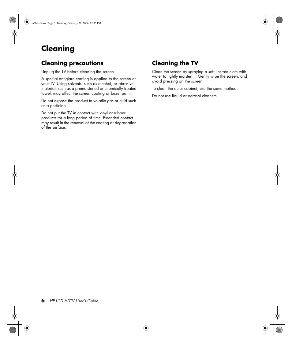 Cleaning, Cleaning precautions, Cleaning the tv | HP LC3260N User Manual | Page 16 / 174