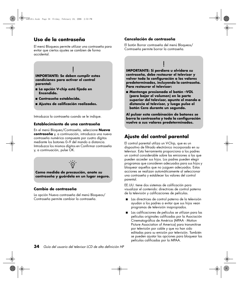 Uso de la contraseña, Ajuste del control parental | HP LC3260N User Manual | Page 160 / 174