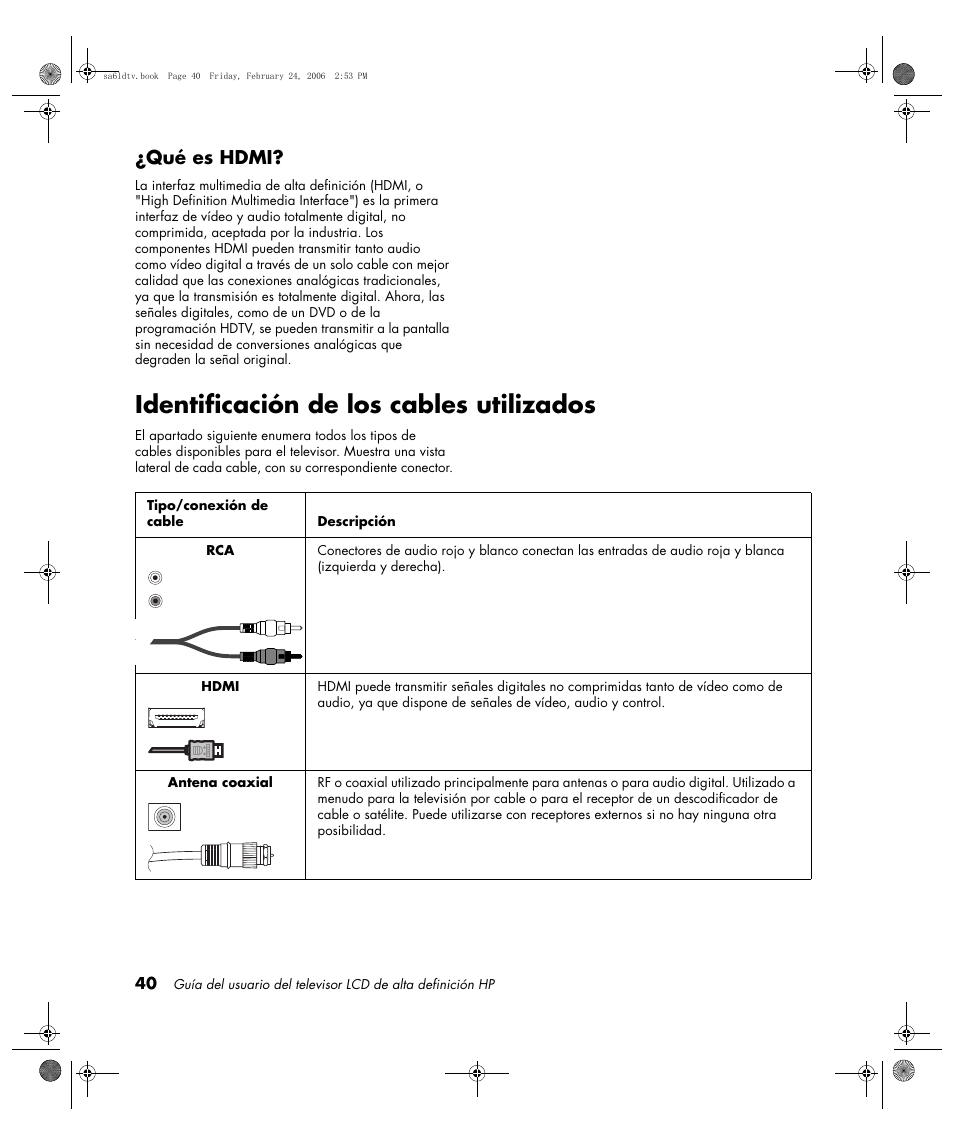 Identificación de los cables utilizados, Qué es hdmi | HP LC3260N User Manual | Page 166 / 174