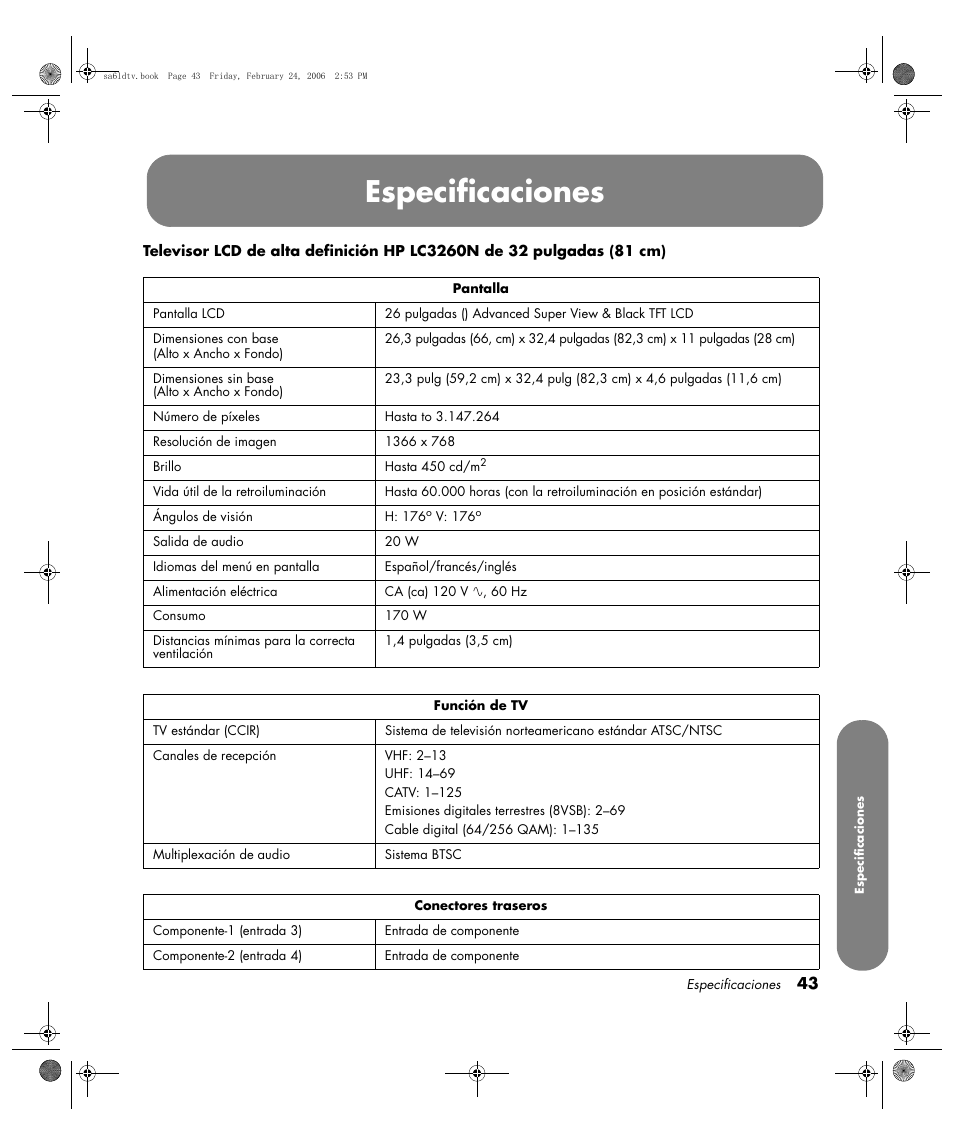Especificaciones | HP LC3260N User Manual | Page 169 / 174