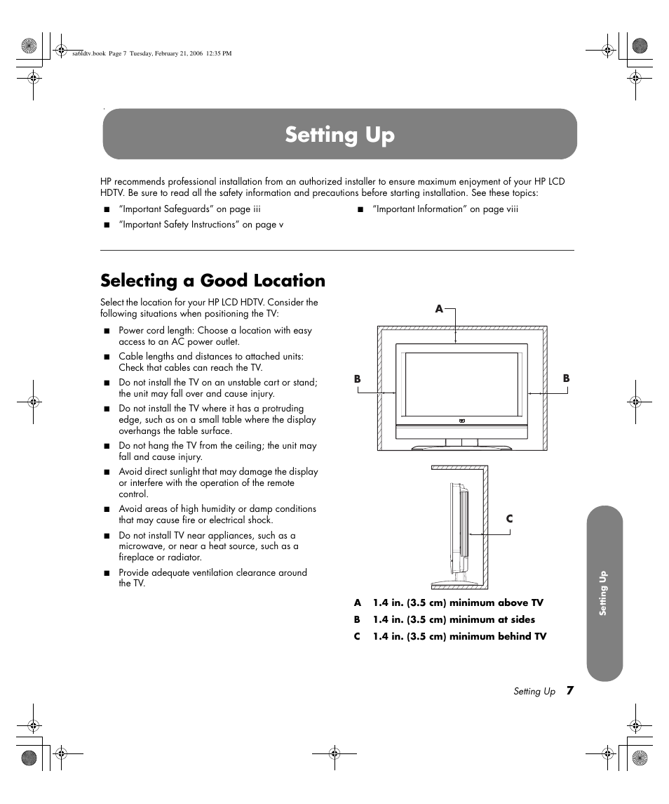 Setting up, Selecting a good location | HP LC3260N User Manual | Page 17 / 174