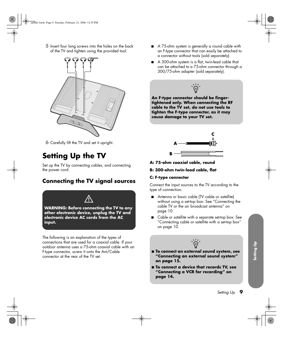 Setting up the tv, Connecting the tv signal sources | HP LC3260N User Manual | Page 19 / 174