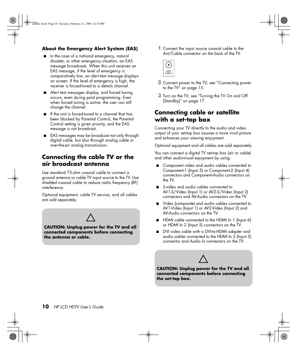 Connecting cable or satellite with a set-top box | HP LC3260N User Manual | Page 20 / 174