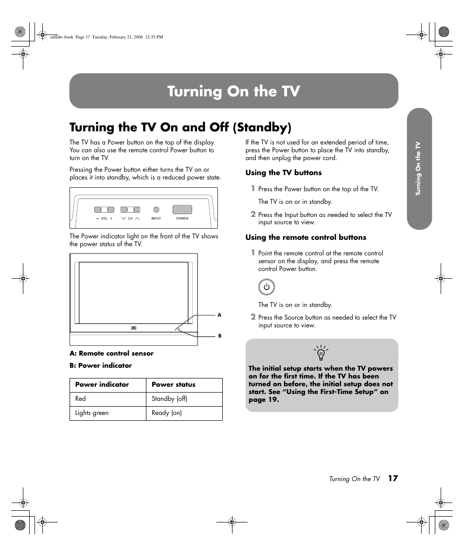 Turning on the tv, Turning the tv on and off (standby) | HP LC3260N User Manual | Page 27 / 174