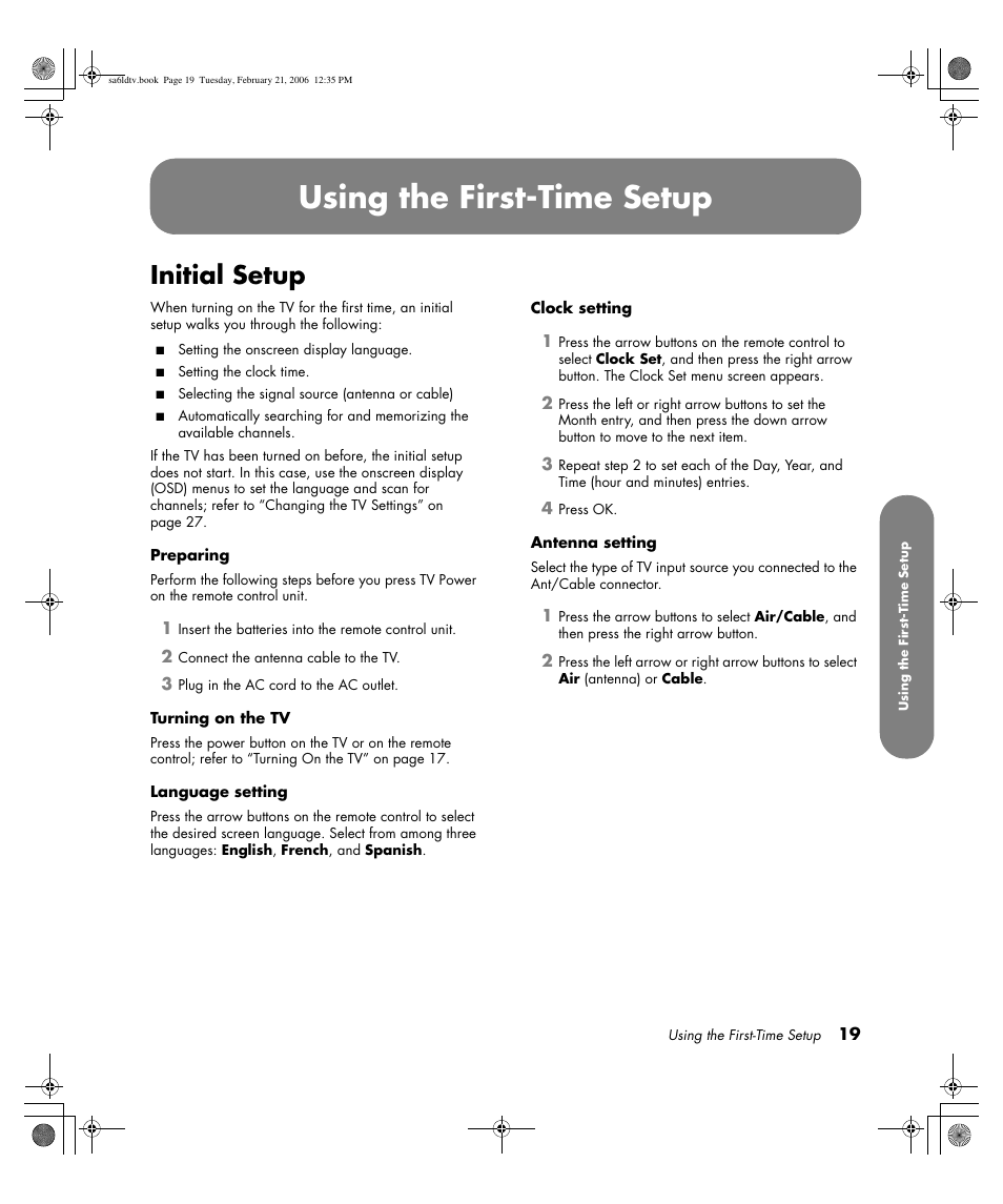 Using the first-time setup, Initial setup | HP LC3260N User Manual | Page 29 / 174