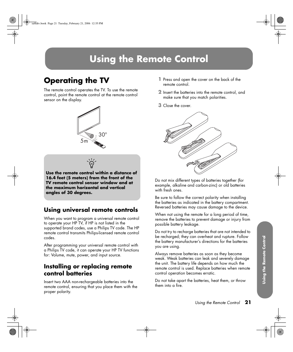 Using the remote control, Operating the tv, Using universal remote controls | Installing or replacing remote control batteries | HP LC3260N User Manual | Page 31 / 174