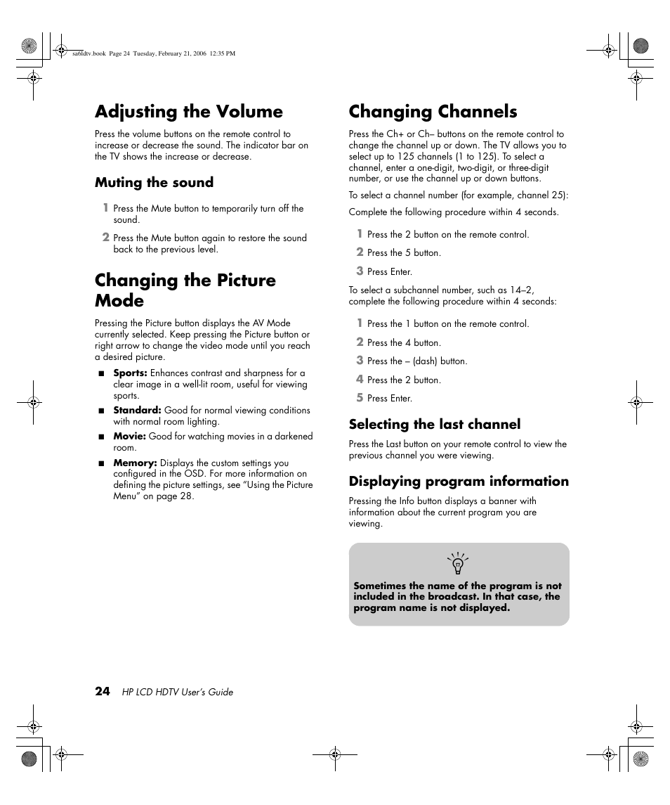 Adjusting the volume, Changing the picture mode, Changing channels | Muting the sound, Selecting the last channel, Displaying program information | HP LC3260N User Manual | Page 34 / 174