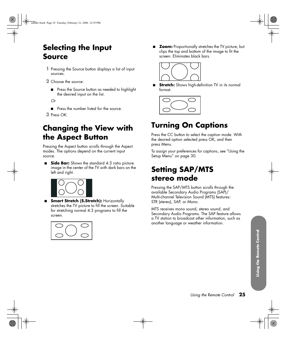 Selecting the input source, Changing the view with the aspect button, Turning on captions | Setting sap/mts stereo mode | HP LC3260N User Manual | Page 35 / 174