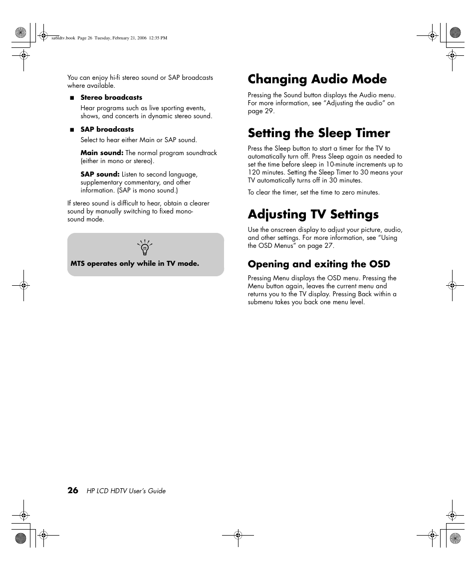 Changing audio mode, Setting the sleep timer, Adjusting tv settings | HP LC3260N User Manual | Page 36 / 174