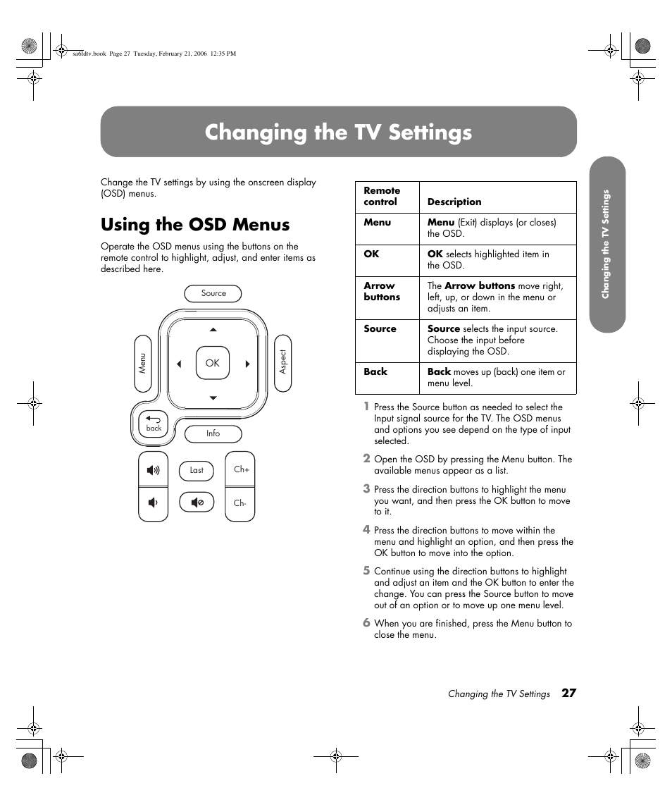 Changing the tv settings, Using the osd menus | HP LC3260N User Manual | Page 37 / 174