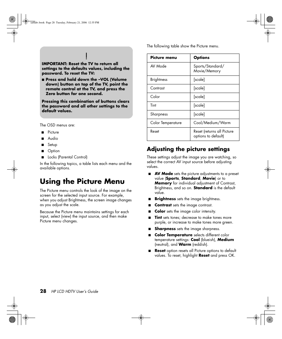 Using the picture menu, Adjusting the picture settings | HP LC3260N User Manual | Page 38 / 174