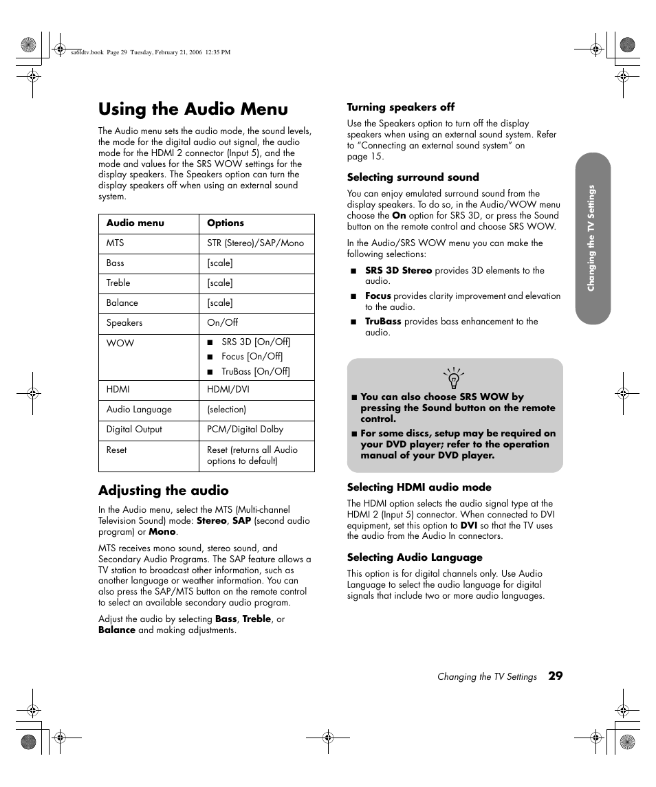 Using the audio menu, Adjusting the audio | HP LC3260N User Manual | Page 39 / 174