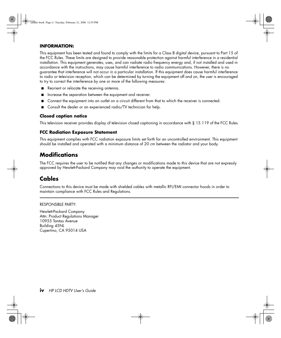 Modifications, Cables | HP LC3260N User Manual | Page 4 / 174