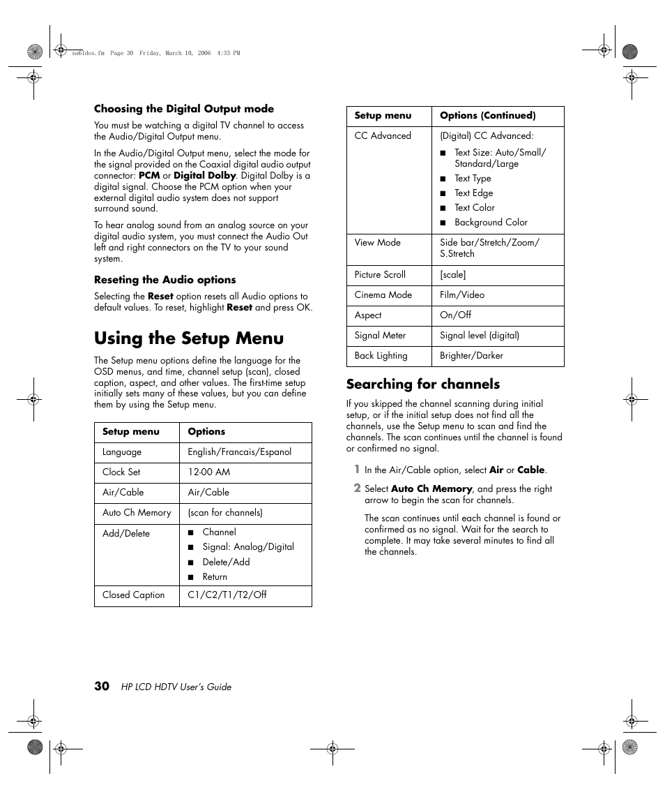 Using the setup menu, Searching for channels | HP LC3260N User Manual | Page 40 / 174