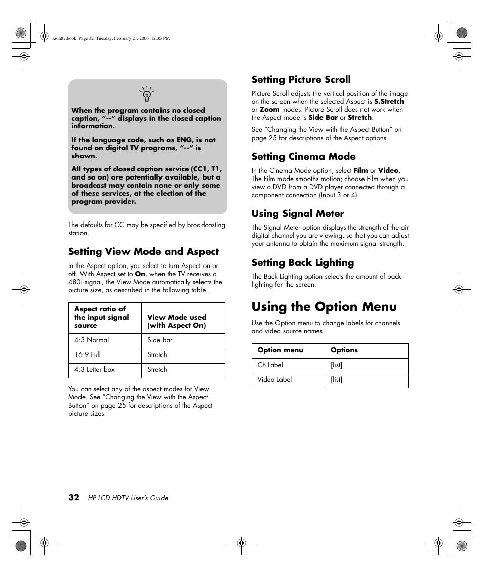 Using the option menu, Setting view mode and aspect, Setting picture scroll | Setting cinema mode, Using signal meter, Setting back lighting | HP LC3260N User Manual | Page 42 / 174