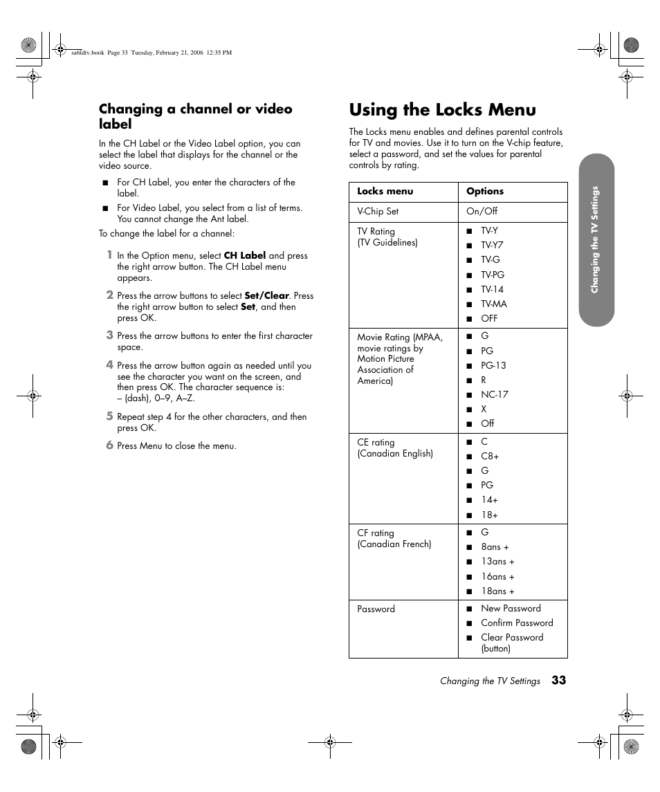 Using the locks menu, Changing a channel or video label | HP LC3260N User Manual | Page 43 / 174